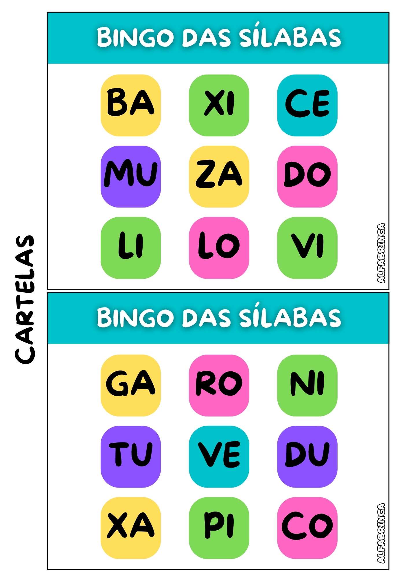 Bingo das sílabas simples - Alfabrinca