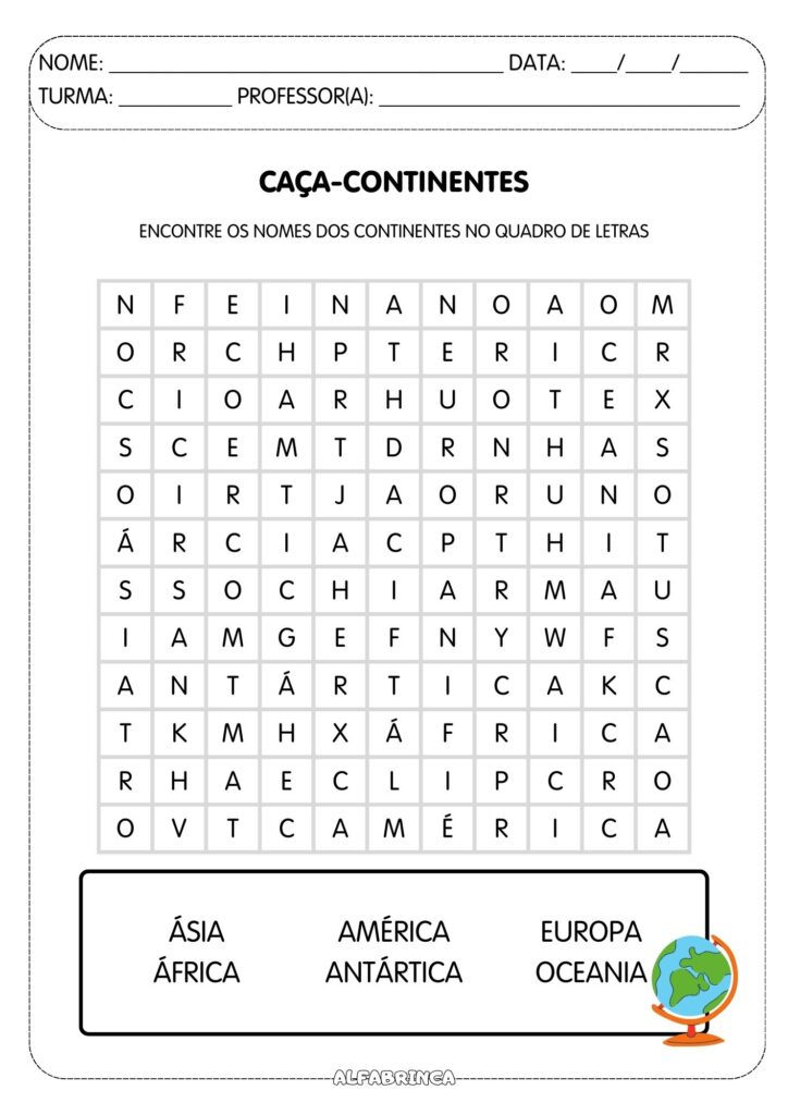 Os continentes - Atividade de Geografia - Alfabrinca
