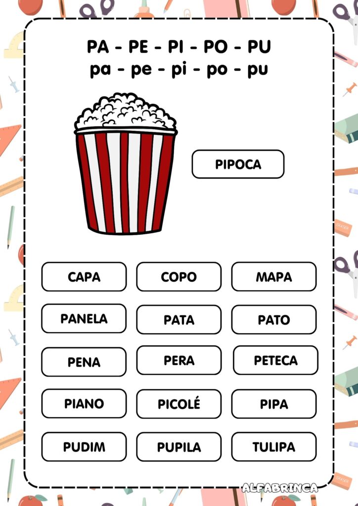 Atividades Pa Pe Pi Po Pu para imprimir - Família silábica da letra P
