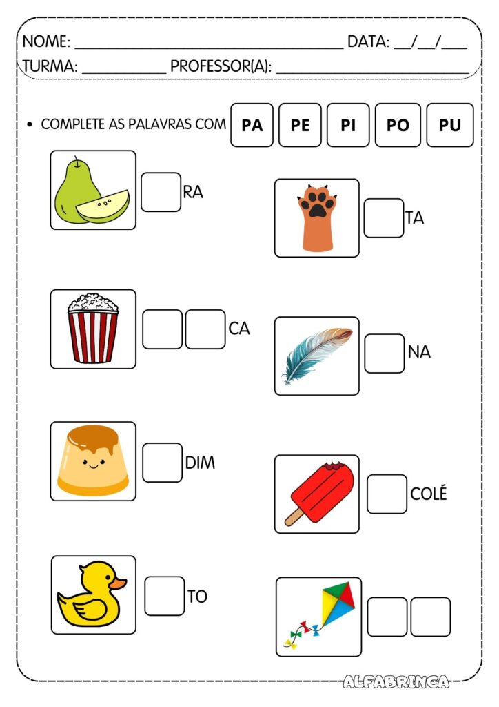 Atividades Pa Pe Pi Po Pu para imprimir - Família silábica da letra P