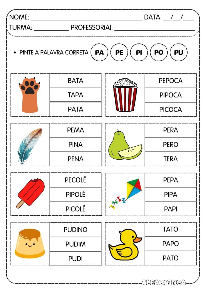 Atividades Pa Pe Pi Po Pu para imprimir - Família silábica da letra P