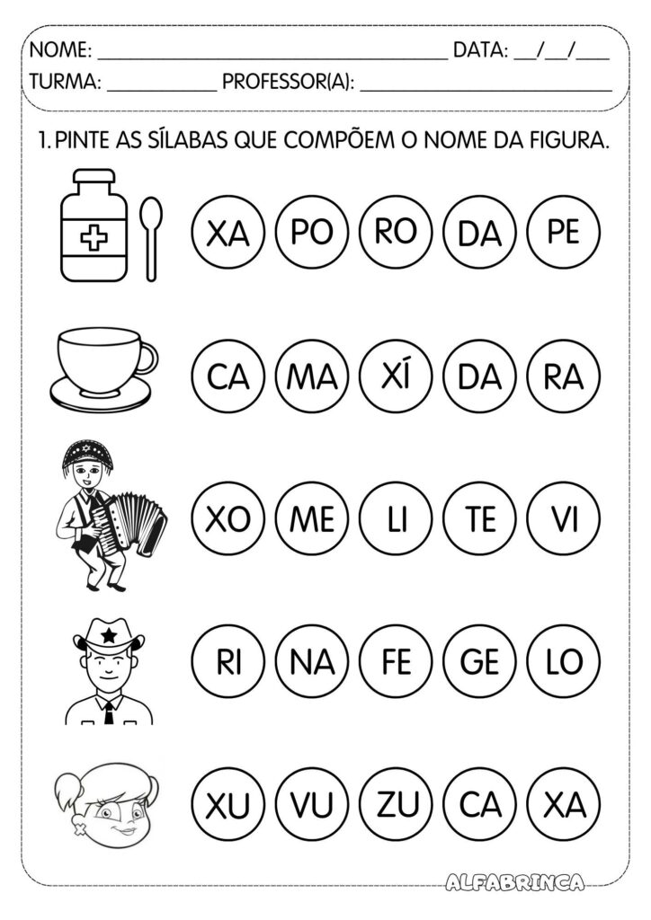 Atividades para pintar sílabas e formar palavras. Material lúdico de alfabetização para imprimir e usar na Educação Infantil e Ensino Fundamental.