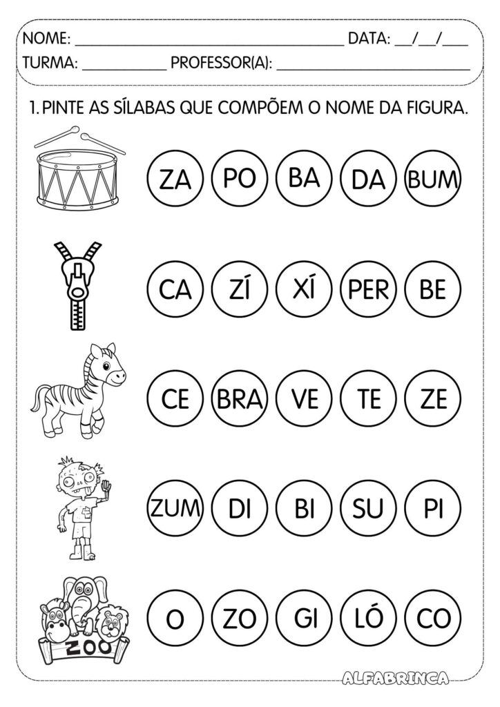 Atividades para pintar sílabas e formar palavras. Material lúdico de alfabetização para imprimir e usar na Educação Infantil e Ensino Fundamental.