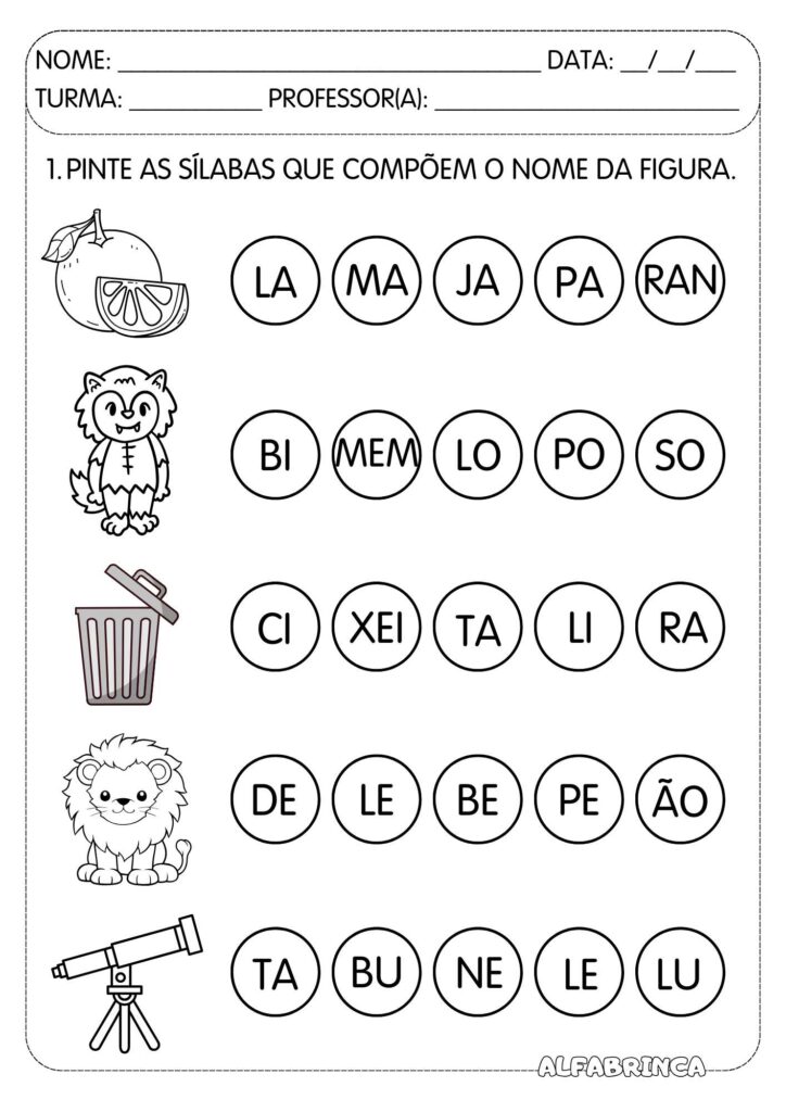 Atividades para pintar sílabas e formar palavras. Material lúdico de alfabetização para imprimir e usar na Educação Infantil e Ensino Fundamental.