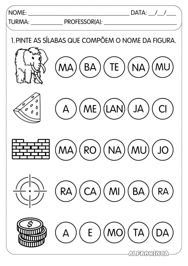 Atividades para pintar sílabas e formar palavras. Material lúdico de alfabetização para imprimir e usar na Educação Infantil e Ensino Fundamental.