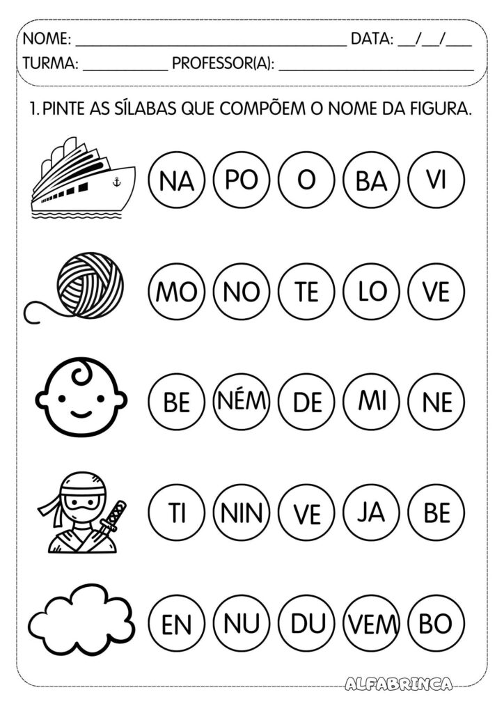 Atividades para pintar sílabas e formar palavras. Material lúdico de alfabetização para imprimir e usar na Educação Infantil e Ensino Fundamental.