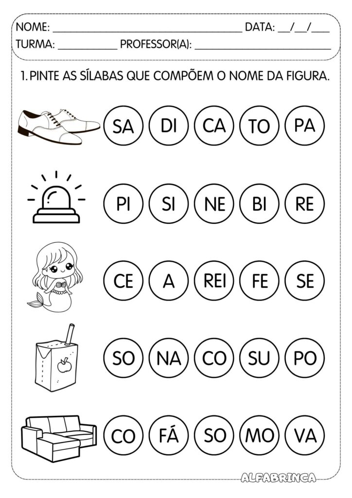 Atividades para pintar sílabas e formar palavras. Material lúdico de alfabetização para imprimir e usar na Educação Infantil e Ensino Fundamental.