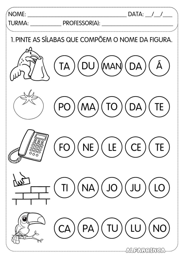Atividades para pintar sílabas e formar palavras. Material lúdico de alfabetização para imprimir e usar na Educação Infantil e Ensino Fundamental.
