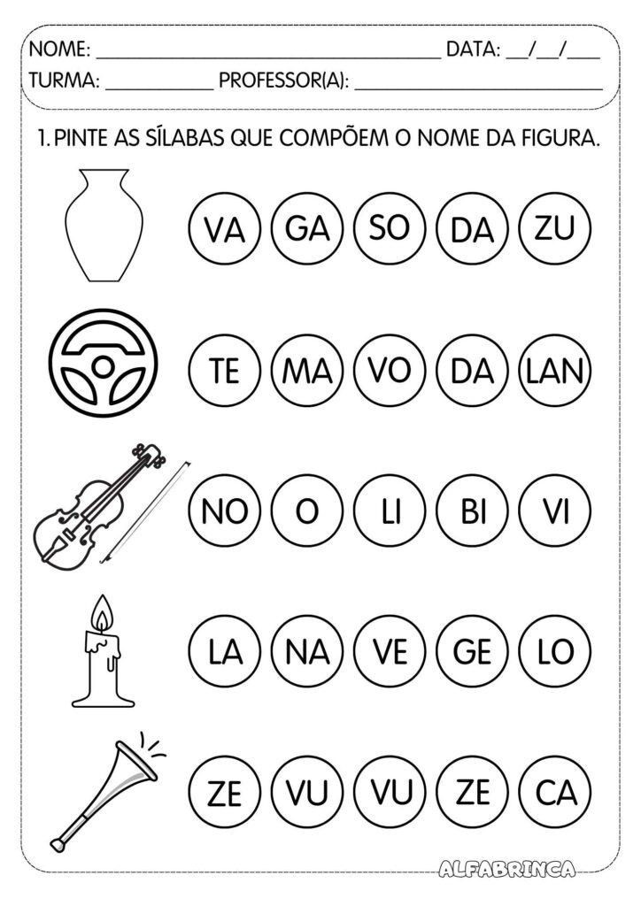 Atividades para pintar sílabas e formar palavras. Material lúdico de alfabetização para imprimir e usar na Educação Infantil e Ensino Fundamental.