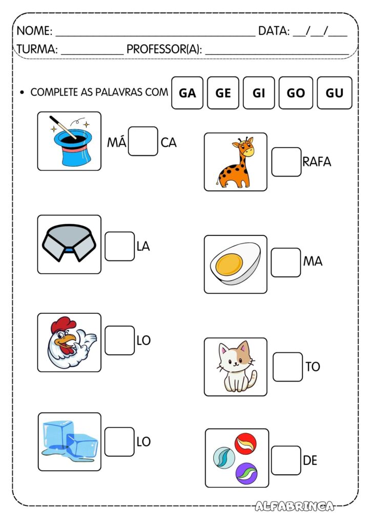 Atividades para trabalhar sílabas ga ge gi go gu prontas para imprimir