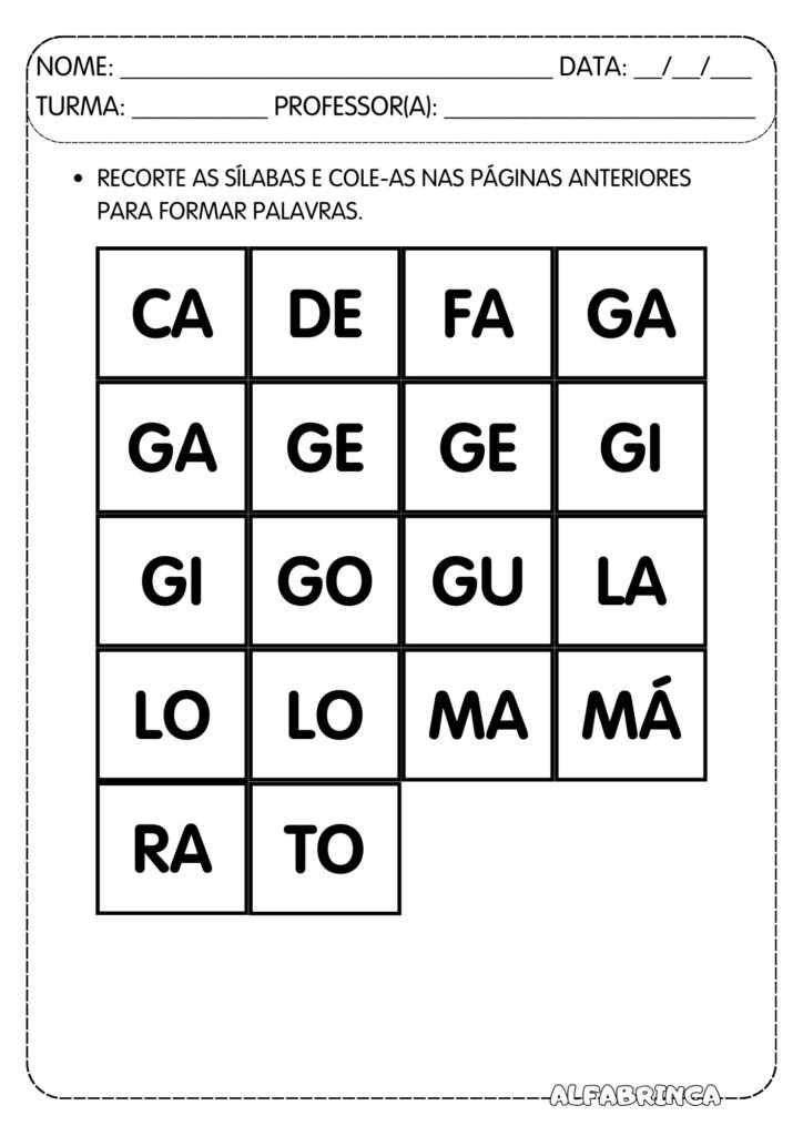 Atividades para trabalhar sílabas ga ge gi go gu prontas para imprimir