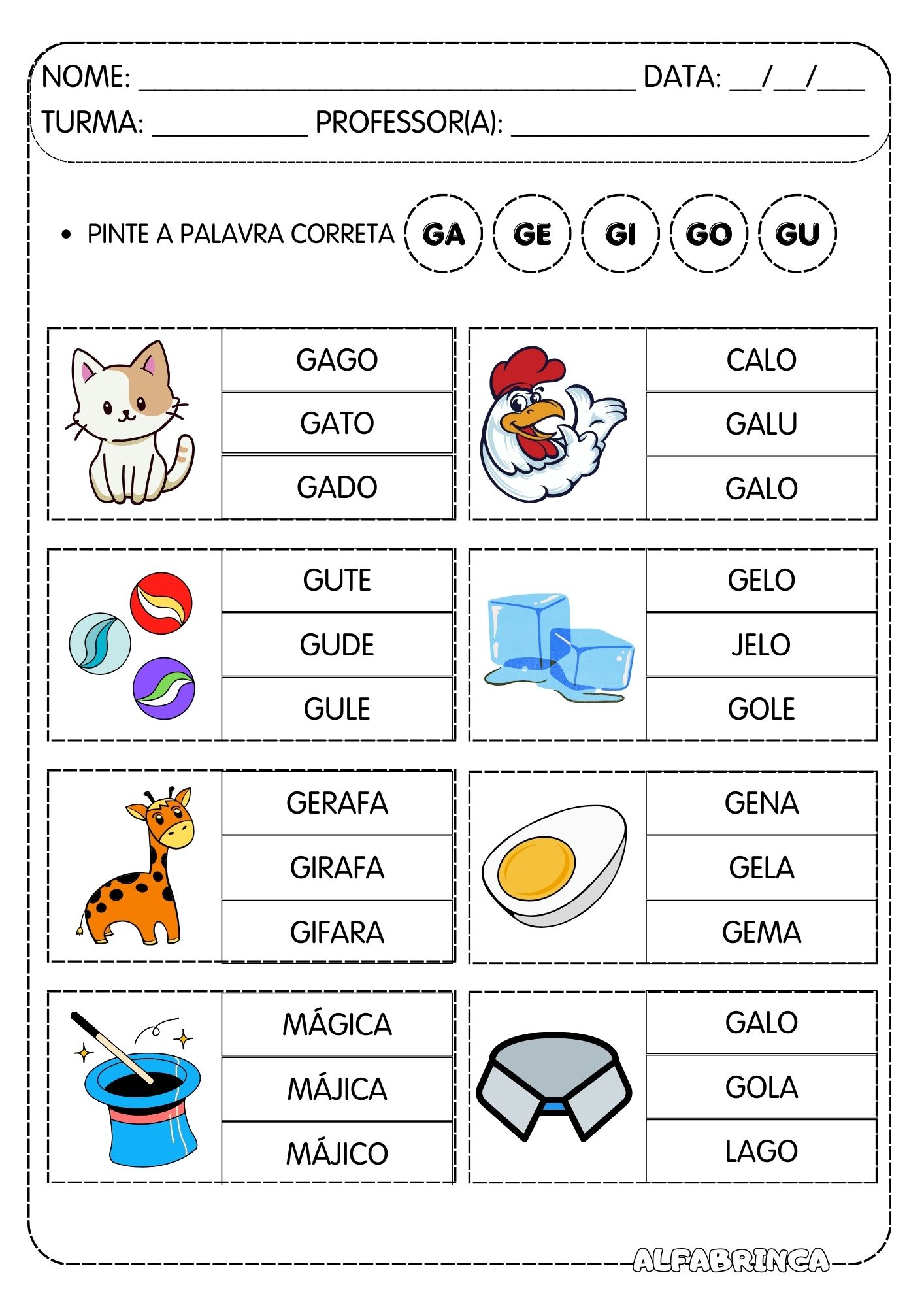 Atividades para trabalhar sílabas GA GE GI GO GU prontas para imprimir ...