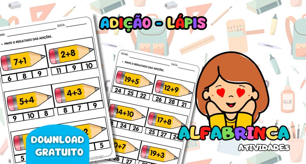 Atividade gratuita de adição para imprimir! As contas estão organizadas em um lápis colorido, deixando o aprendizado mais divertido. Ideal para turmas do 1º e 2º ano.