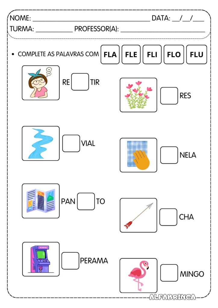 Atividades com Sílabas Complexas FL prontas para imprimir