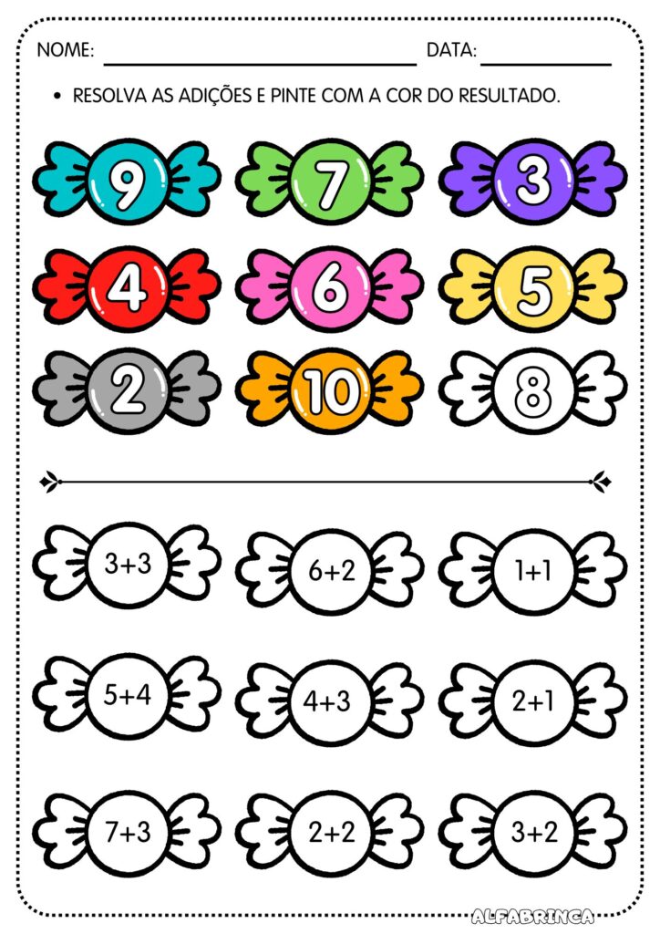 Atividade lúdica de matemática: Bombom da Adição. As crianças resolvem continhas e pintam os bombons de acordo com as cores. Baixe grátis!
