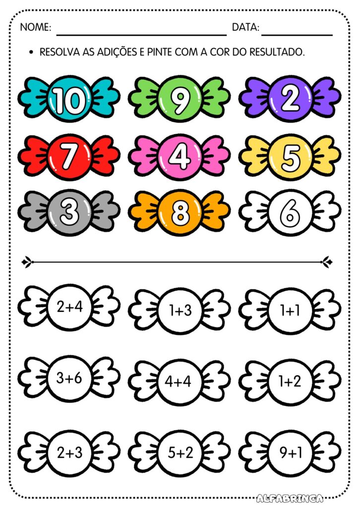 Atividade lúdica de matemática: Bombom da Adição. As crianças resolvem continhas e pintam os bombons de acordo com as cores. Baixe grátis!