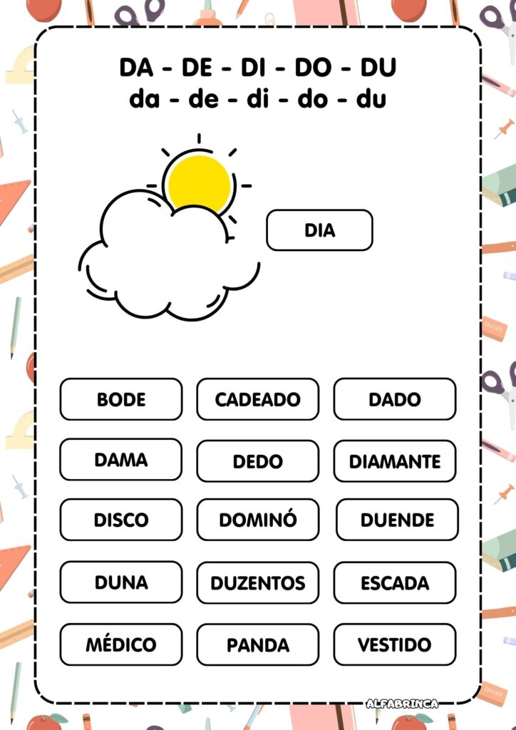Atividades com a família silábica da letra D – Alfabetização divertida