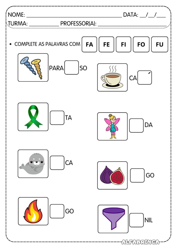 Atividades para trabalhar sílabas simples: FA FE FI FO FU - Prontas para imprimir
