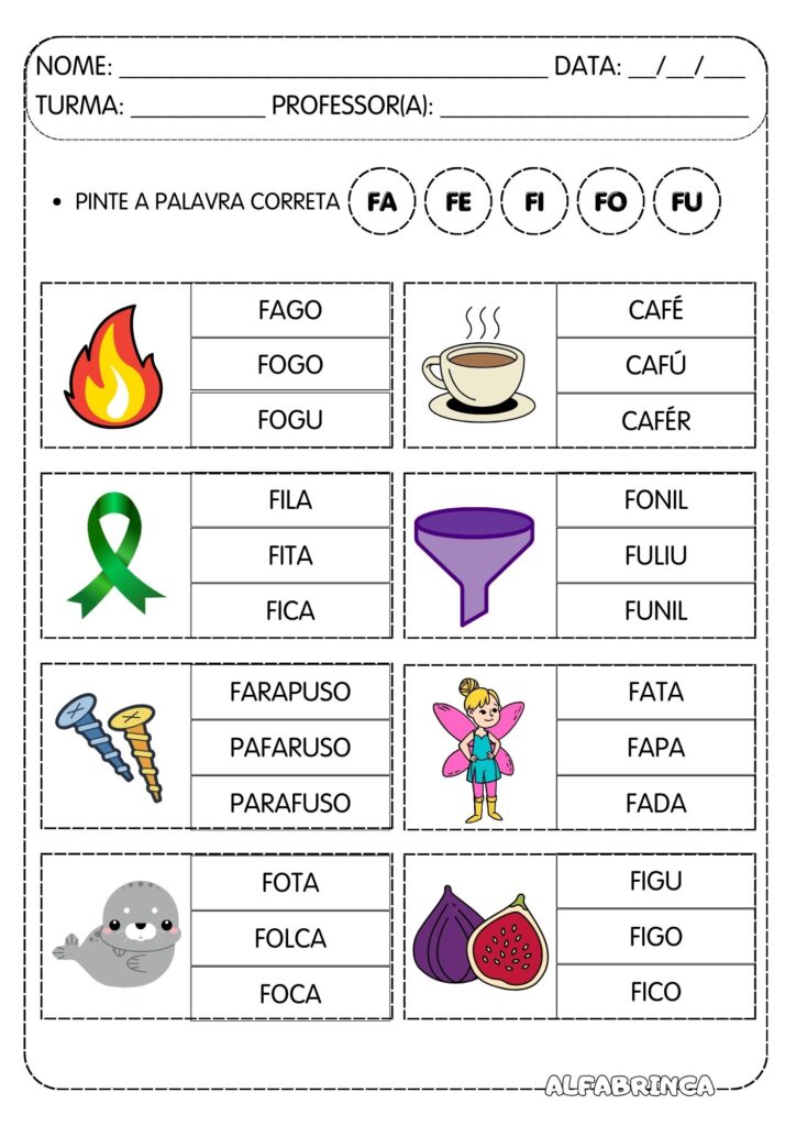 Atividades para trabalhar sílabas simples: FA FE FI FO FU - Prontas para imprimir