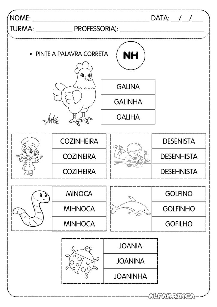 Atividades com NH para alfabetização – NHA NHE NHI NHO NHU