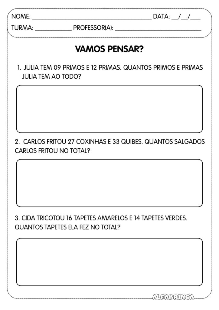 Adição - Situações-problema - Atividades de matemática para imprimir