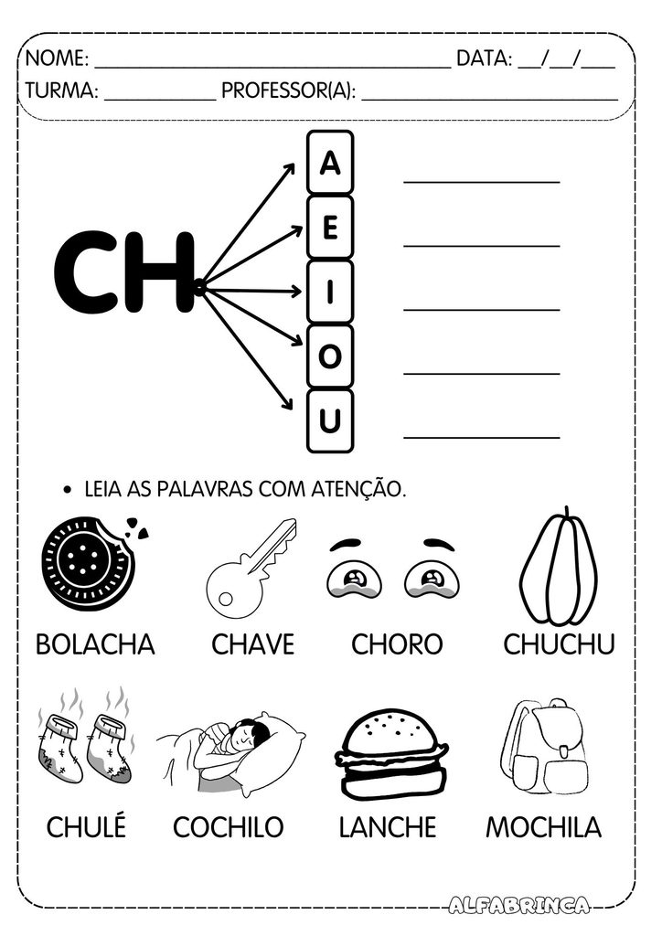 Atividades com CH para alfabetização grátis para imprimir com CHA, CHE, CHI, CHO e CHU