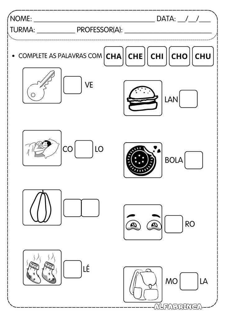 Atividades com CH para alfabetização grátis para imprimir com CHA, CHE, CHI, CHO e CHU