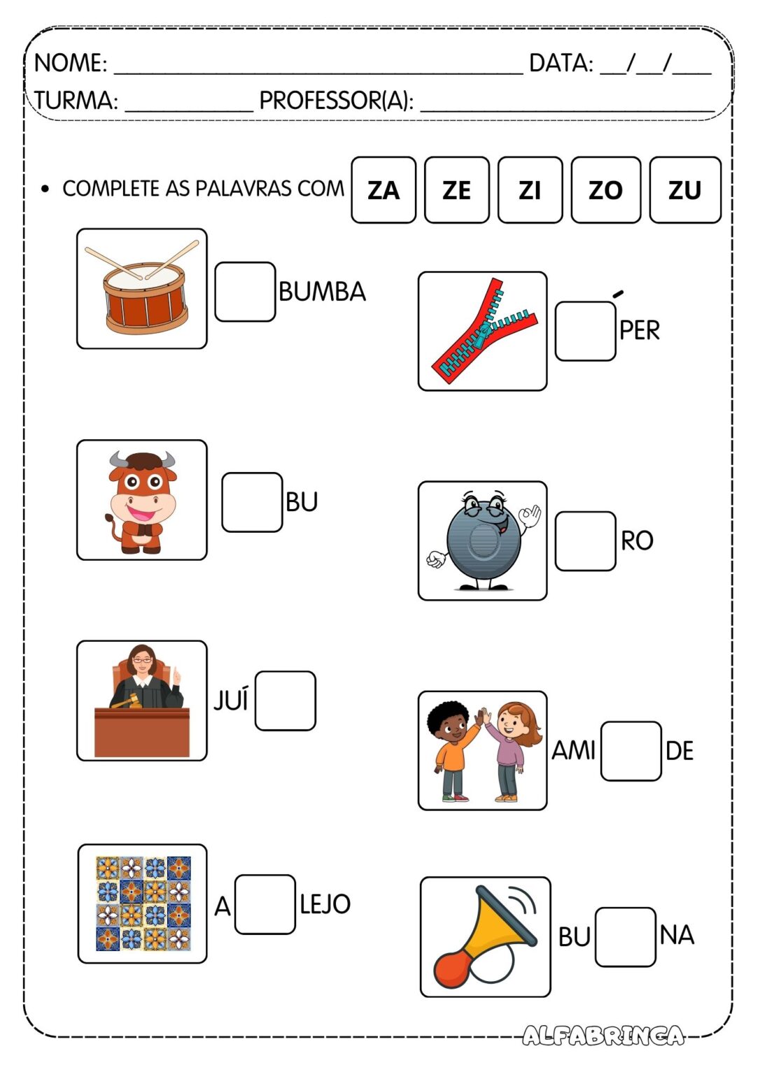 Atividades Za Ze Zi Zo Zu - Prontas para imprimir - Alfabrinca