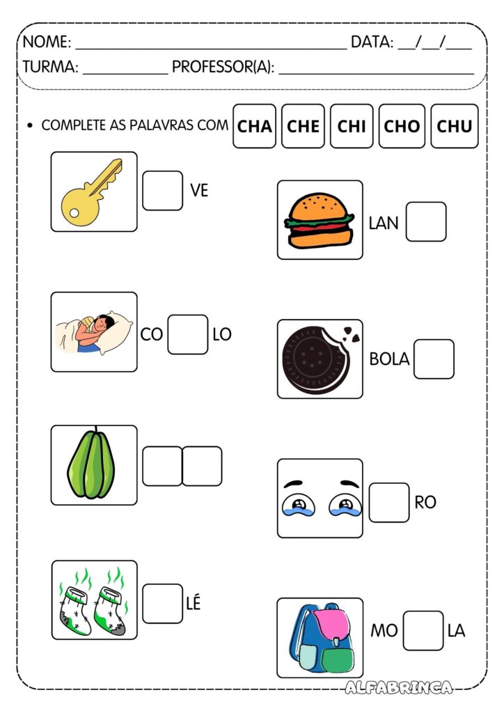 Atividades Cha Che Chi Cho Chu - Família silábica CH para imprimir