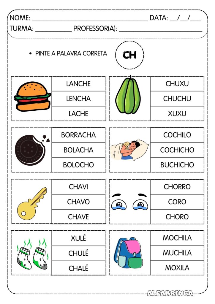 Atividades Cha Che Chi Cho Chu - Família silábica CH para imprimir