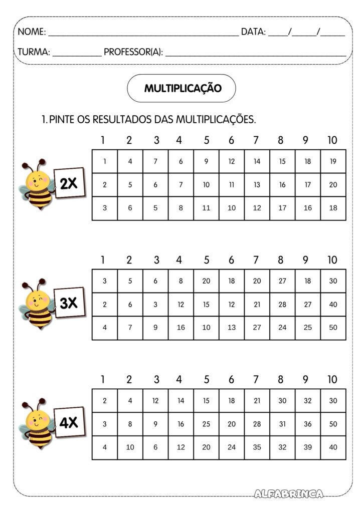 Atividades de multiplicação para imprimir - Tabela de Pitágoras - Tabuada