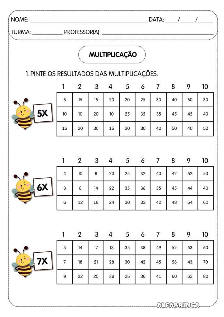 Atividades de multiplicação para imprimir - Tabela de Pitágoras - Tabuada
