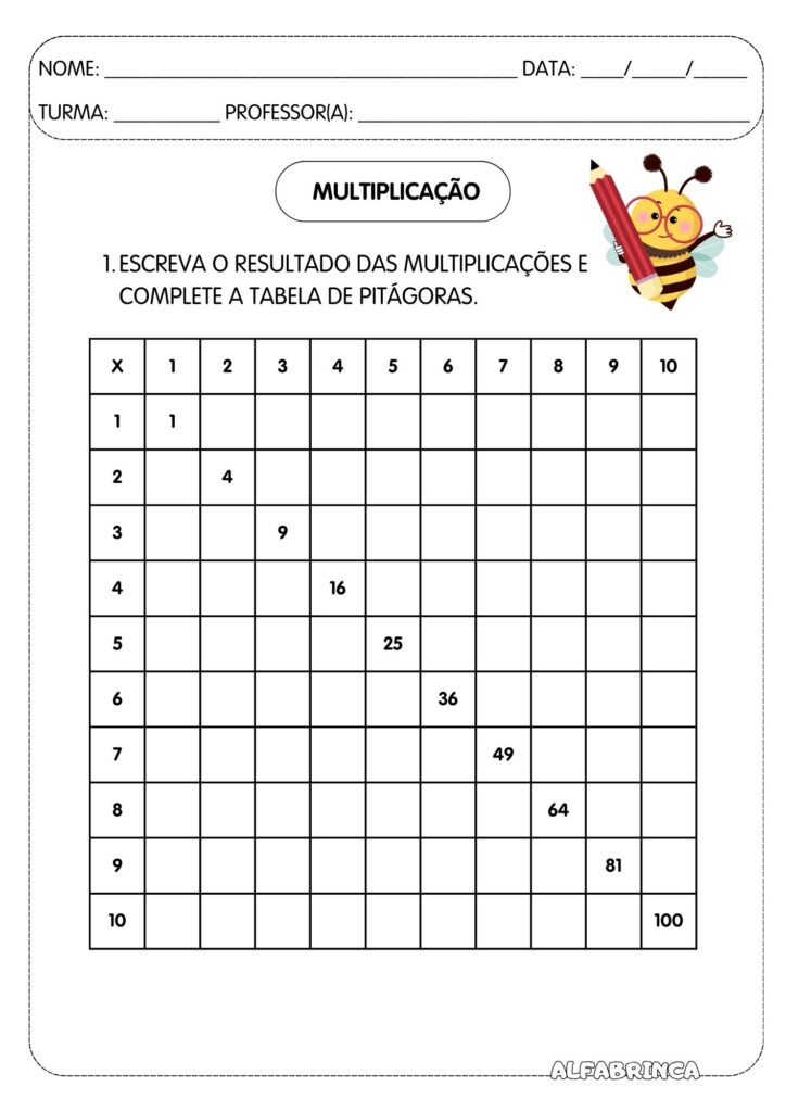 Atividades de multiplicação para imprimir - Tabela de Pitágoras - Tabuada