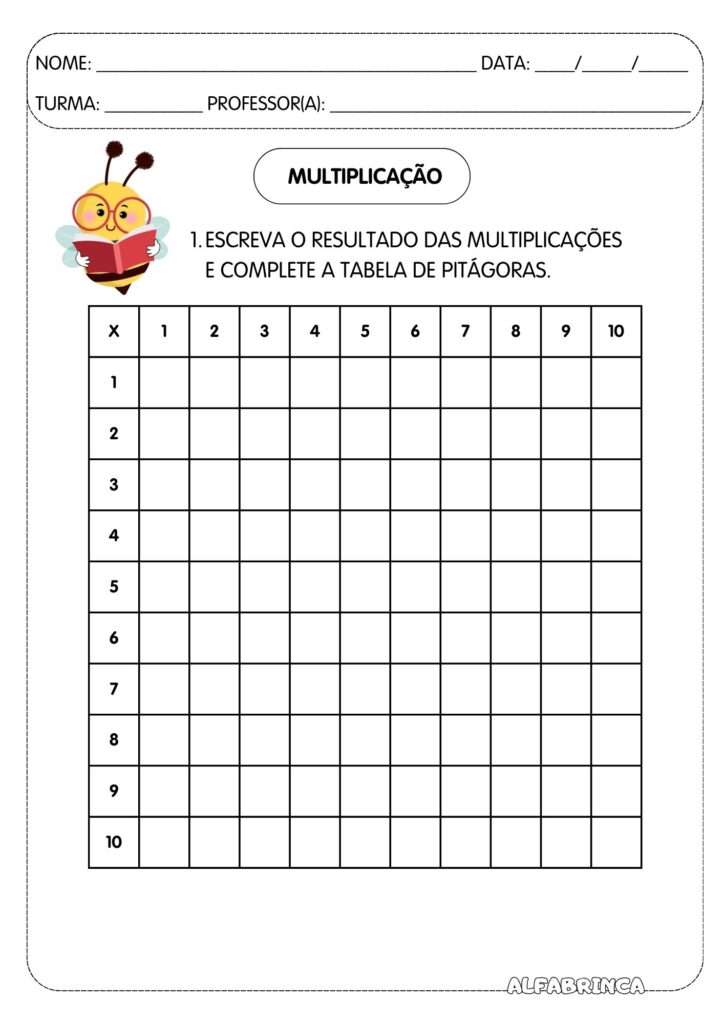 Atividades de multiplicação para imprimir - Tabela de Pitágoras - Tabuada