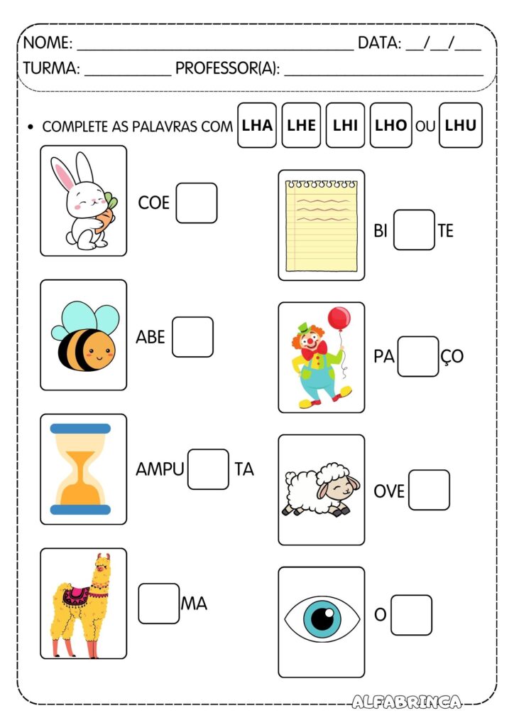 Atividades Lha Lhe Lhi Lho Lhu - Sílabas complexas para imprimir