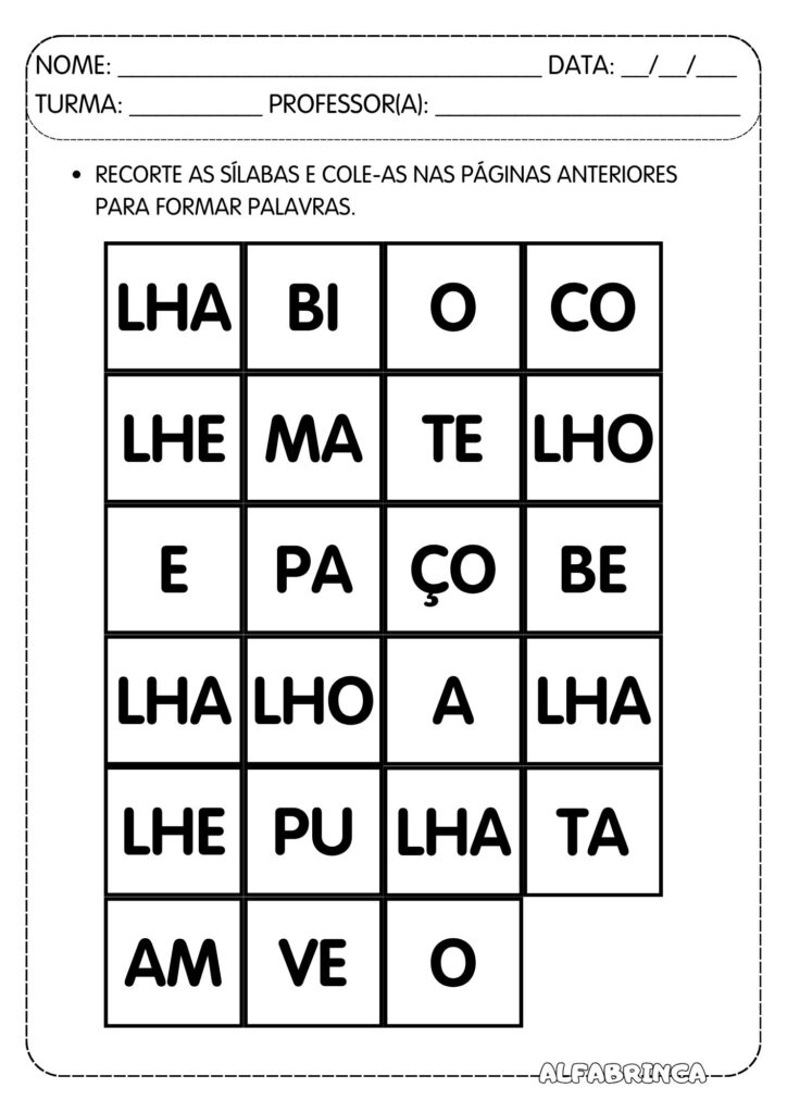 Atividades Lha Lhe Lhi Lho Lhu - Sílabas complexas para imprimir