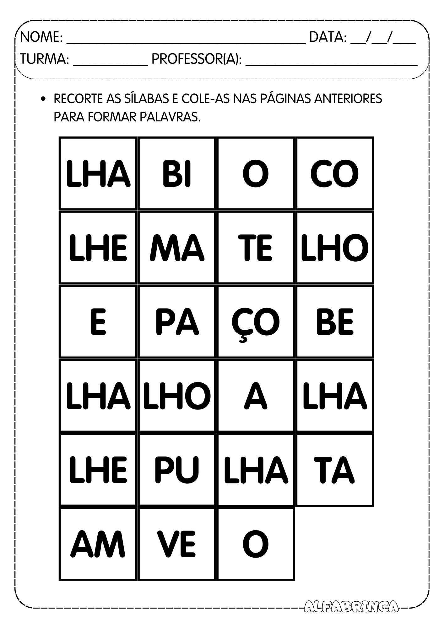 Atividades Lha Lhe Lhi Lho Lhu - Sílabas complexas para imprimir ...