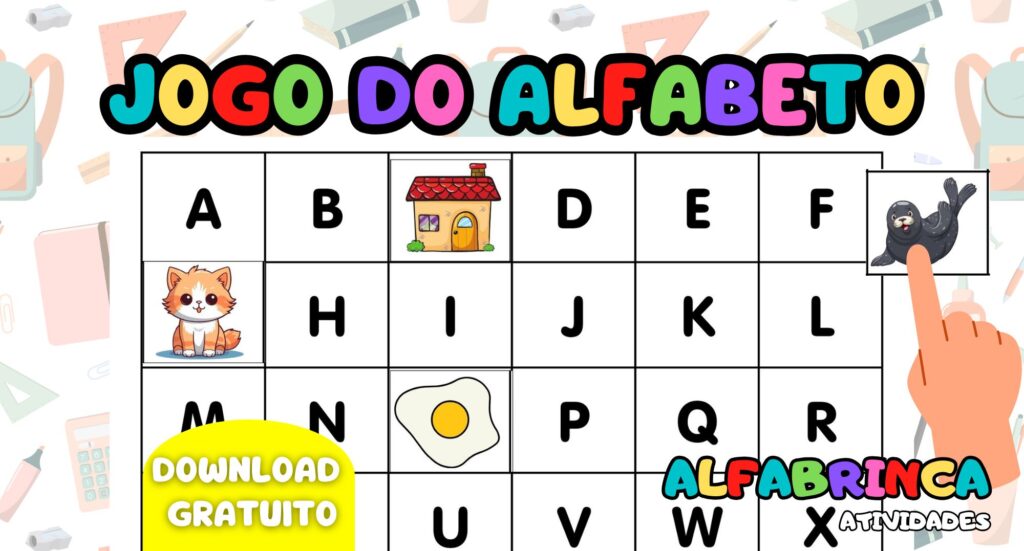 A intenção é que os alunos recortem as 26 imagens, encontrem e posicionem cada uma delas sobre a letra inicial correspondente.
Objetivos pedagógicos: Conhecimento do alfabeto do português do Brasil.
(EF01LP04) Distinguir as letras do alfabeto de outros sinais gráficos.
(EF01LP10) Nomear as letras do alfabeto e recitá-lo na ordem das letras.