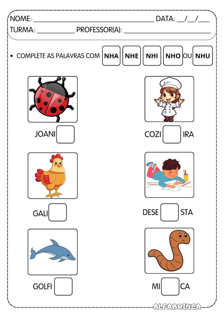 Família silábica NH - Atividades prontas para imprimir - NHA NHE NHI NHO NHU