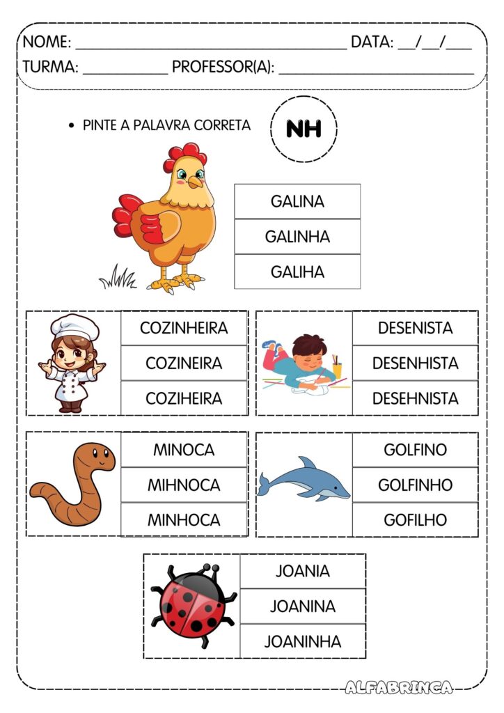 Família silábica NH - Atividades prontas para imprimir - NHA NHE NHI NHO NHU