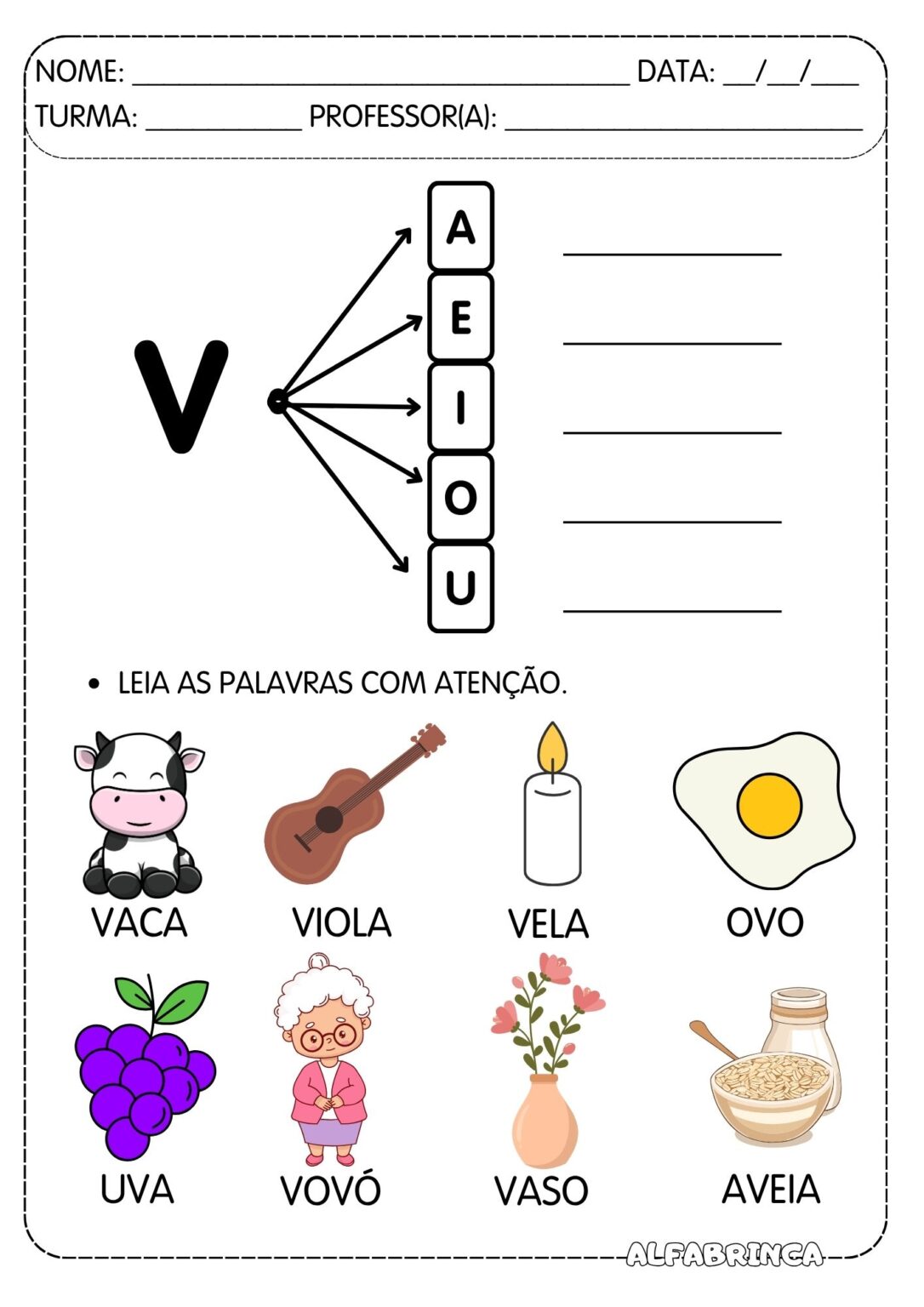 Família silábica V - Va Ve Vi Vo Vu - Atividades para imprimir - Alfabrinca