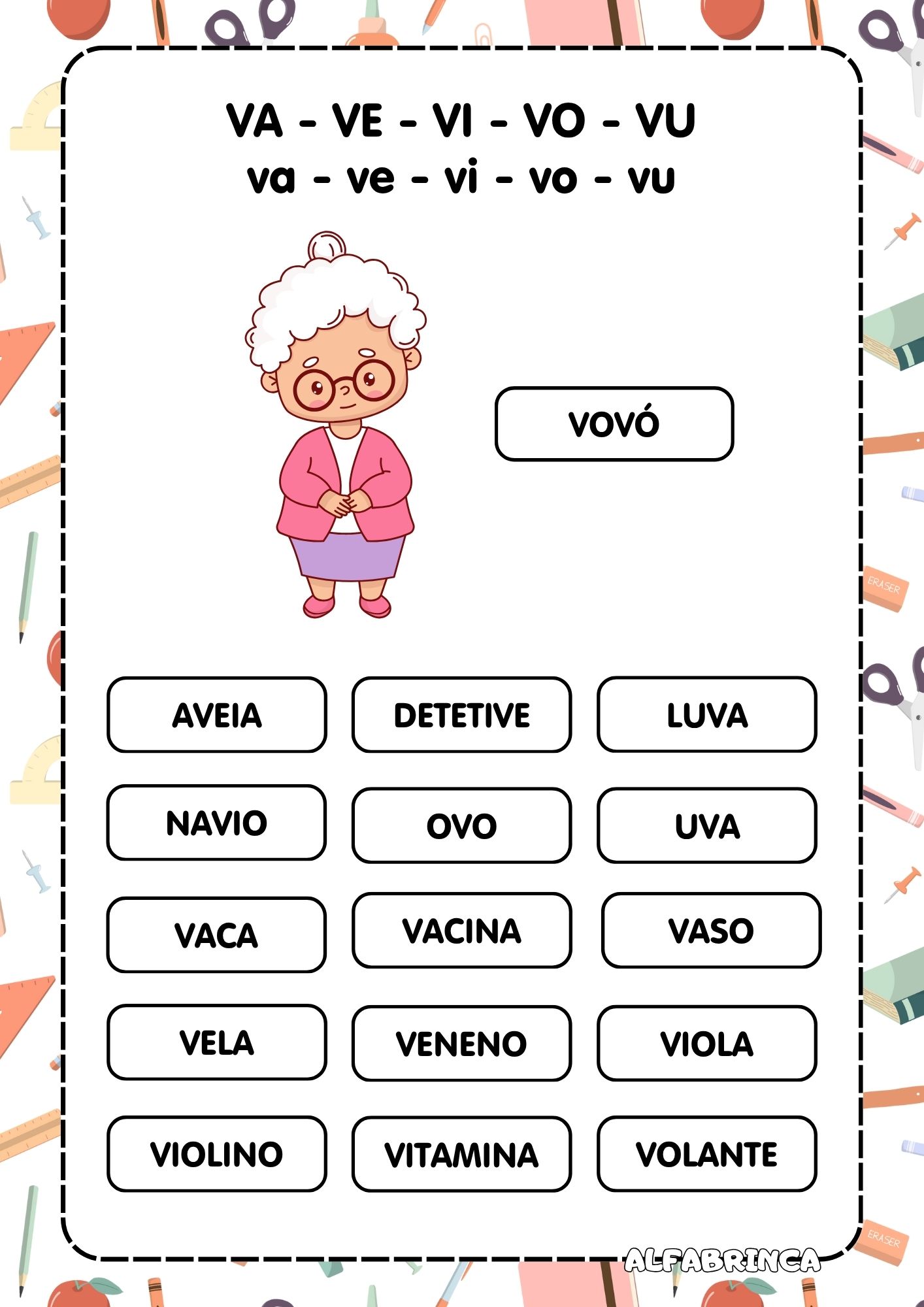 Família silábica V - Va Ve Vi Vo Vu - Atividades para imprimir - Alfabrinca