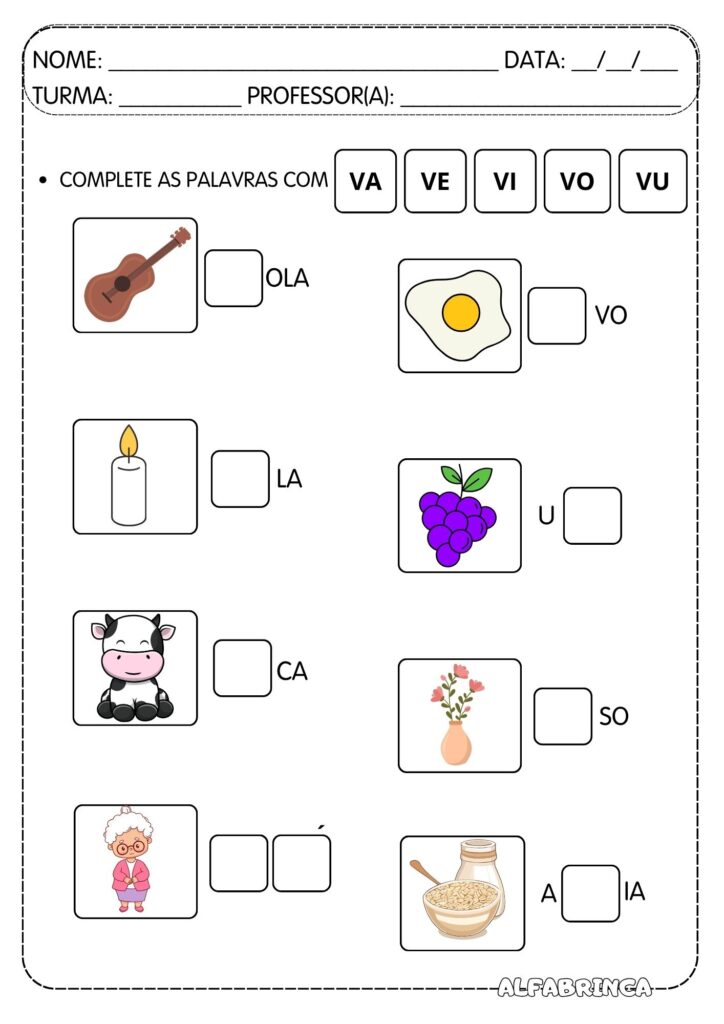 Família silábica V - Va Ve Vi Vo Vu - Atividades para imprimir