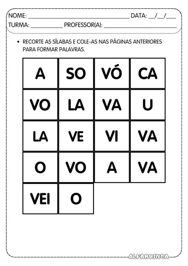 Família silábica V - Va Ve Vi Vo Vu - Atividades para imprimir