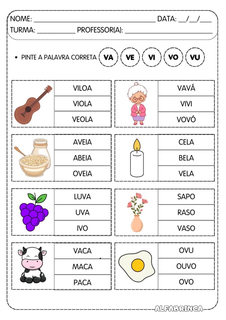 Família silábica V - Va Ve Vi Vo Vu - Atividades para imprimir