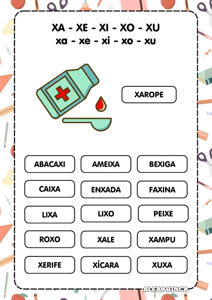 Família silábica X - Xa Xe Xi Xo Xu - Atividades para imprimir