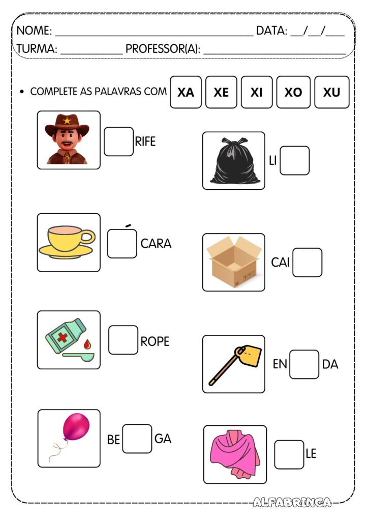 Família silábica X - Xa Xe Xi Xo Xu - Atividades para imprimir