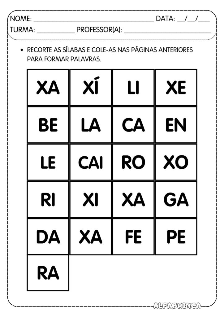 Família silábica X - Xa Xe Xi Xo Xu - Atividades para imprimir