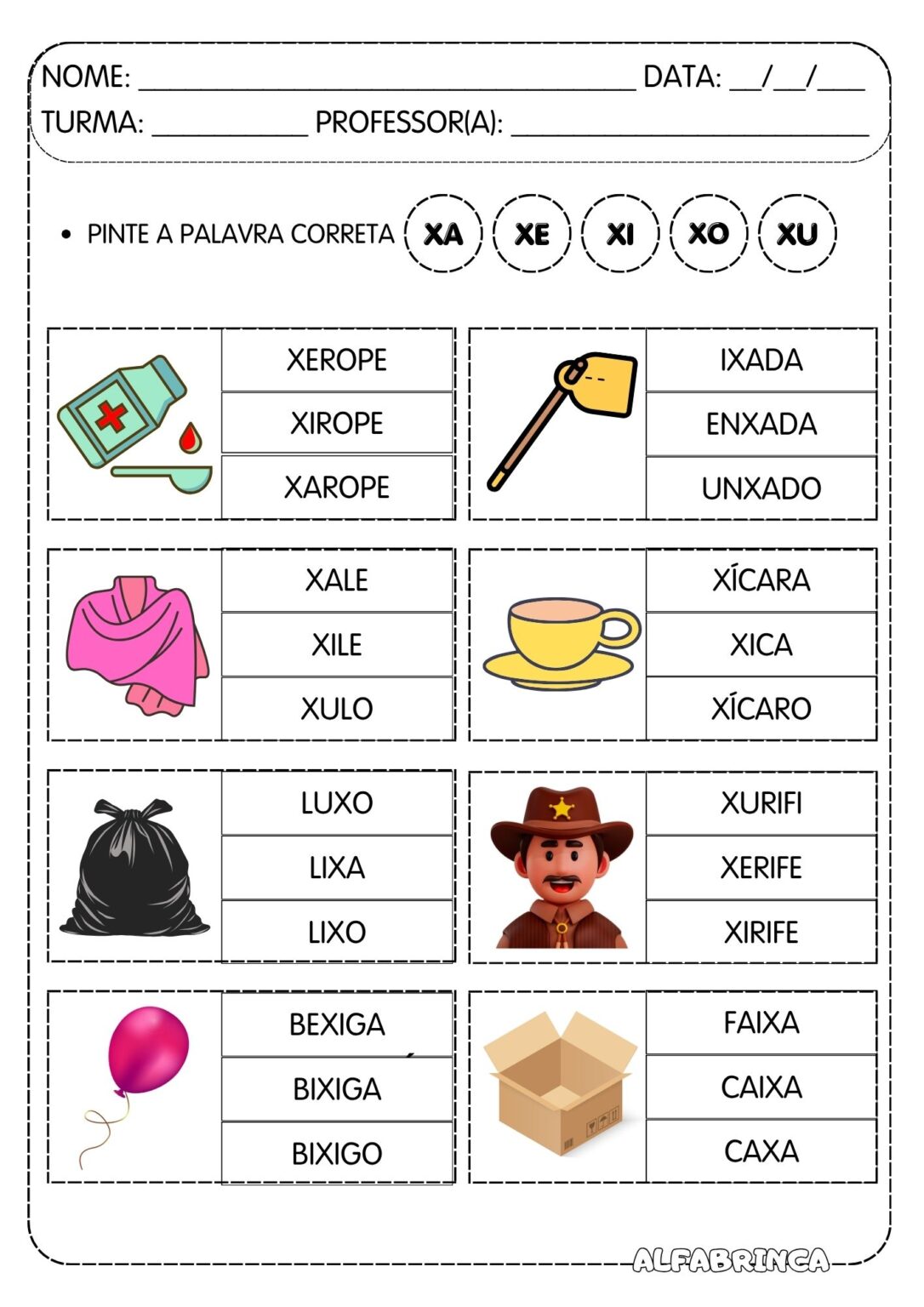 Família silábica X - Xa Xe Xi Xo Xu - Atividades para imprimir - Alfabrinca