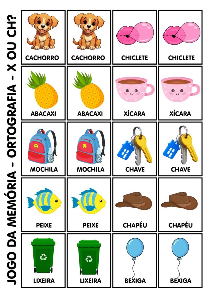Jogo da Memória - Ortografia - X ou CH - Atividades para imprimir